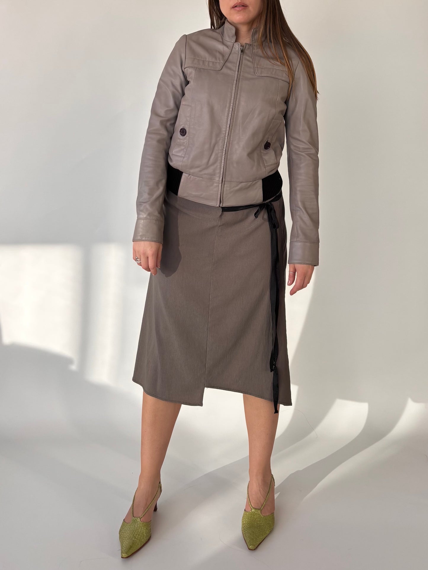 Reiss Cement Grey Leather Bomber Jacket (6-10)