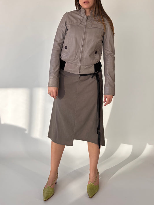 Reiss Cement Grey Leather Bomber Jacket (6-10)