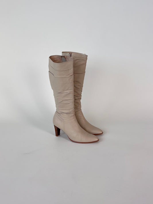 Ivory Leather Ruched Knee High Boots (8)