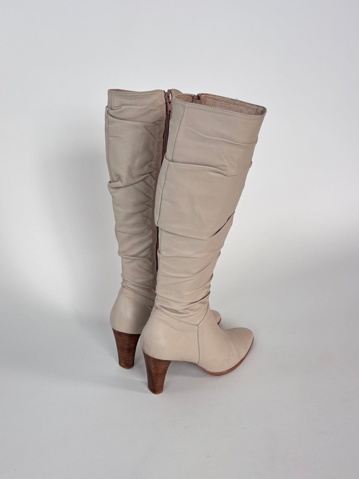 Ivory Leather Ruched Knee High Boots (8)