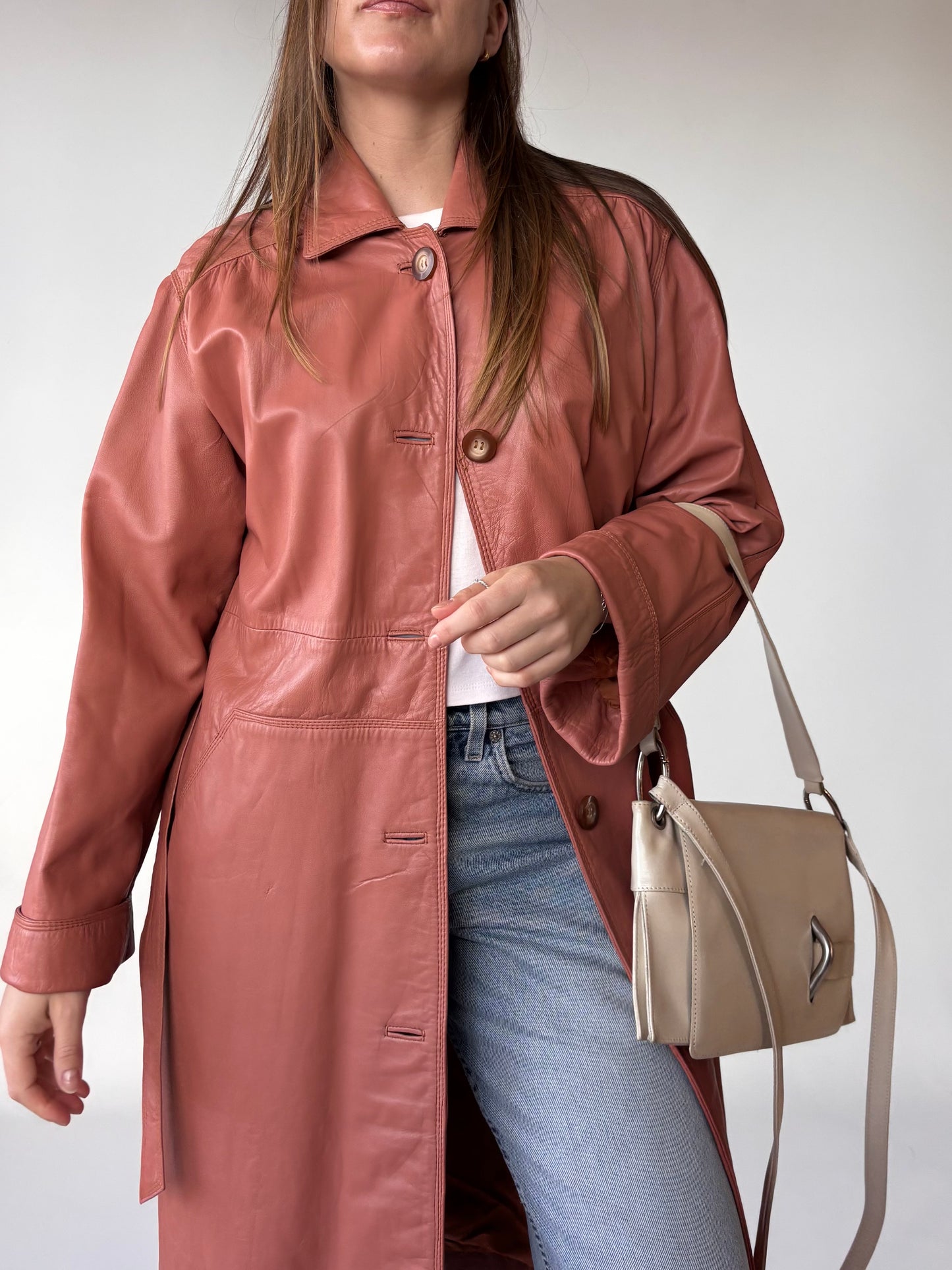Salmon Genuine leather Trench Coat (8-14)