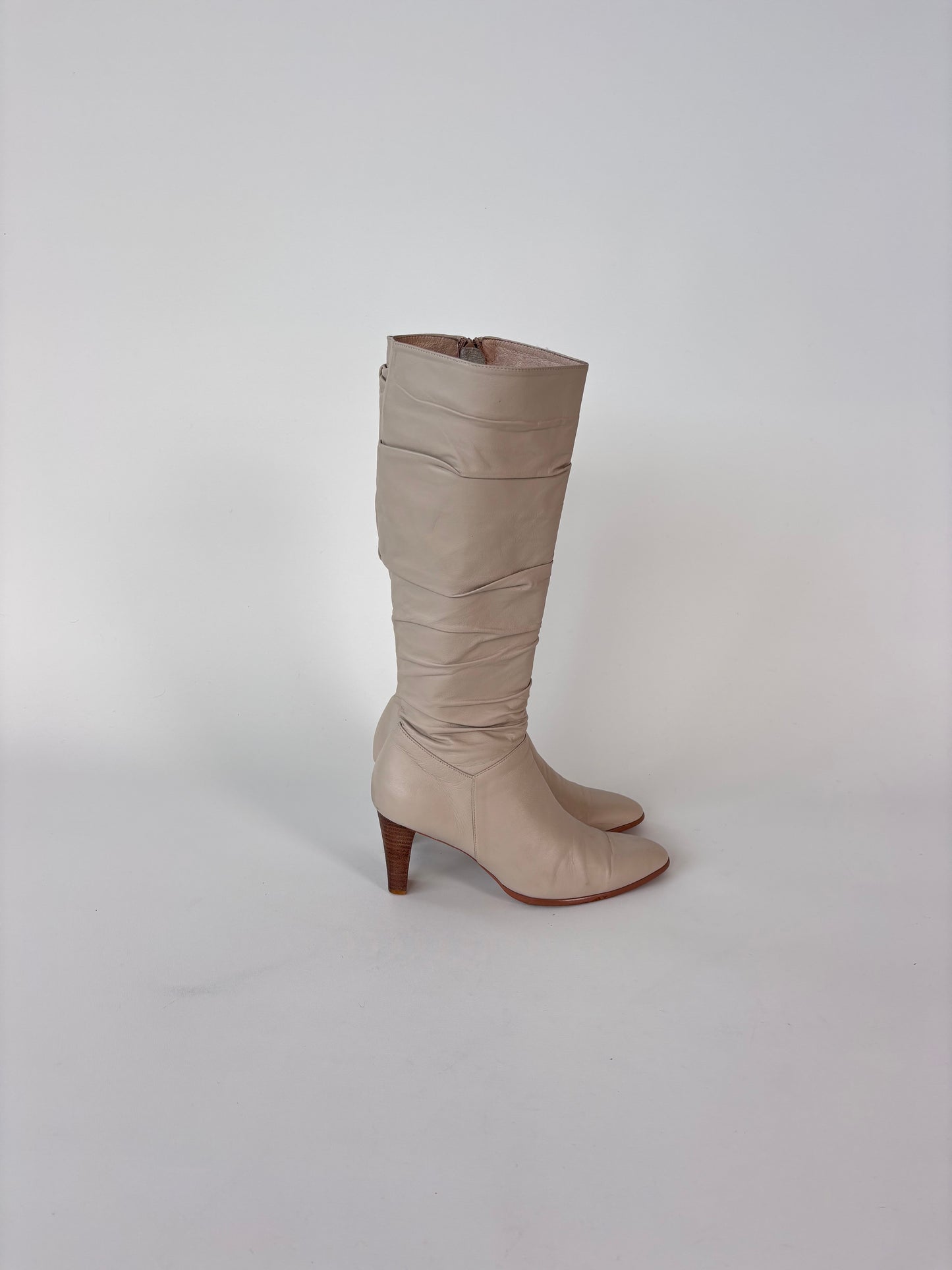 Ivory Leather Ruched Knee High Boots (8)