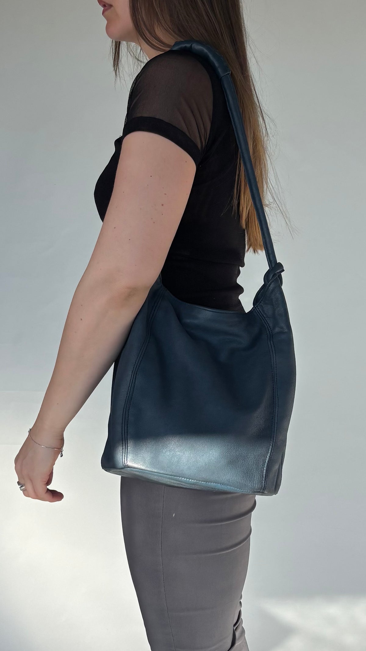 Navy Leather Slouch Bag