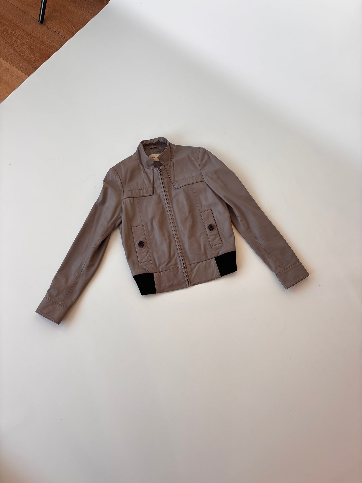 Reiss Cement Grey Leather Bomber Jacket (6-10)