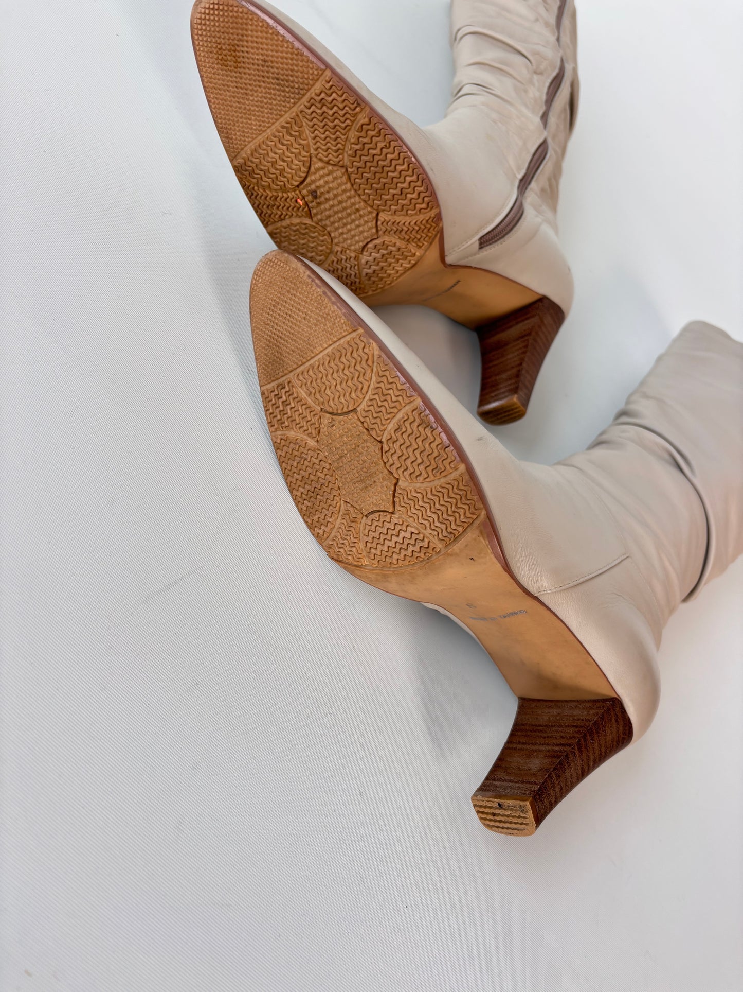 Ivory Leather Ruched Knee High Boots (8)