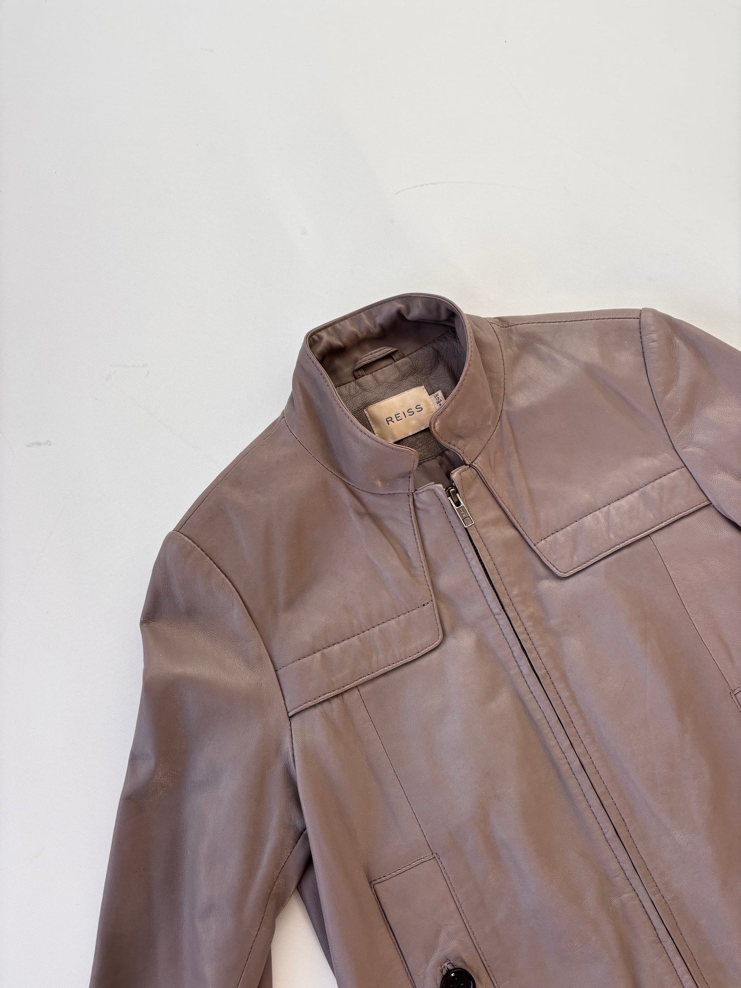 Reiss Cement Grey Leather Bomber Jacket (6-10)
