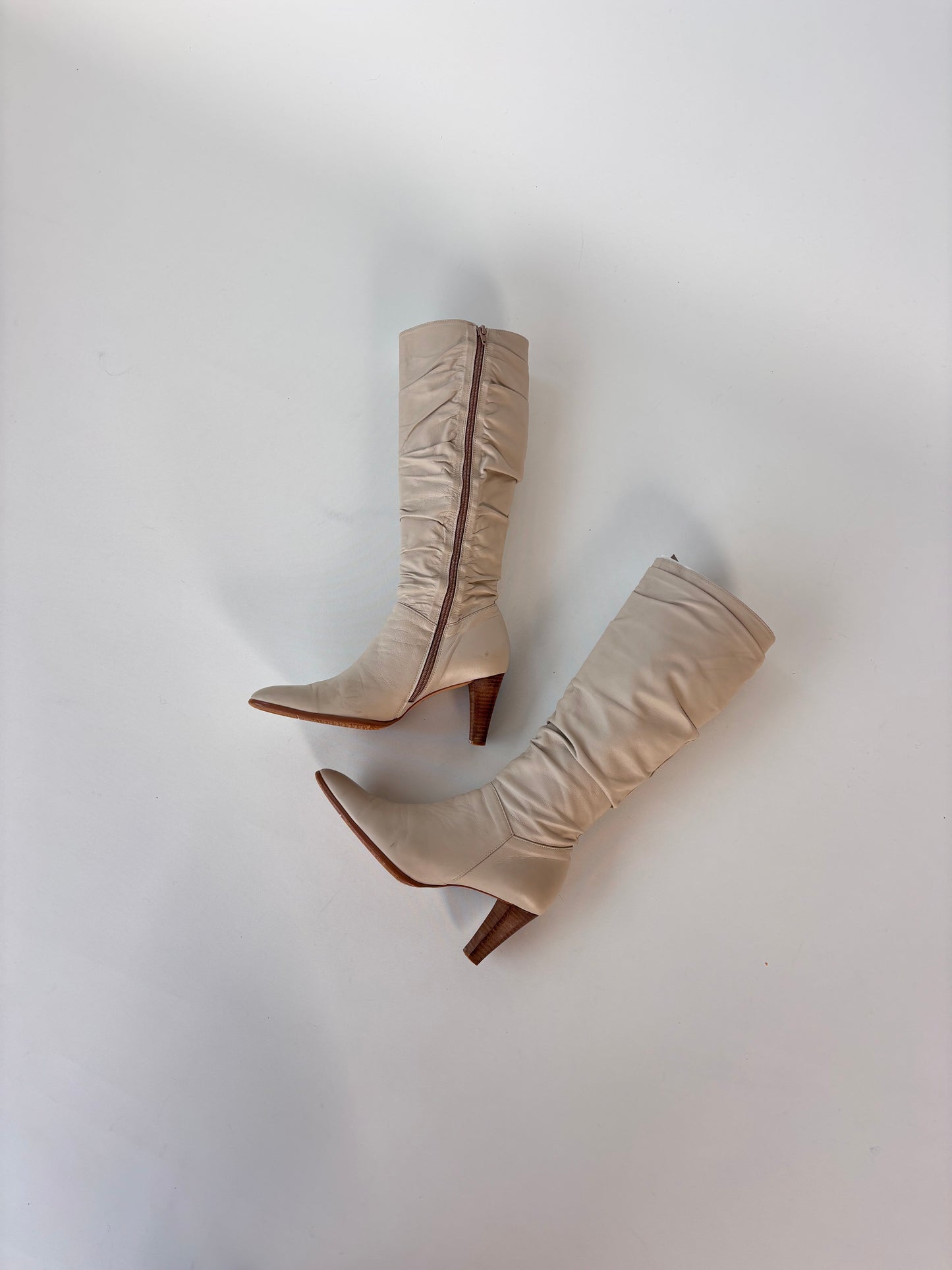 Ivory Leather Ruched Knee High Boots (8)