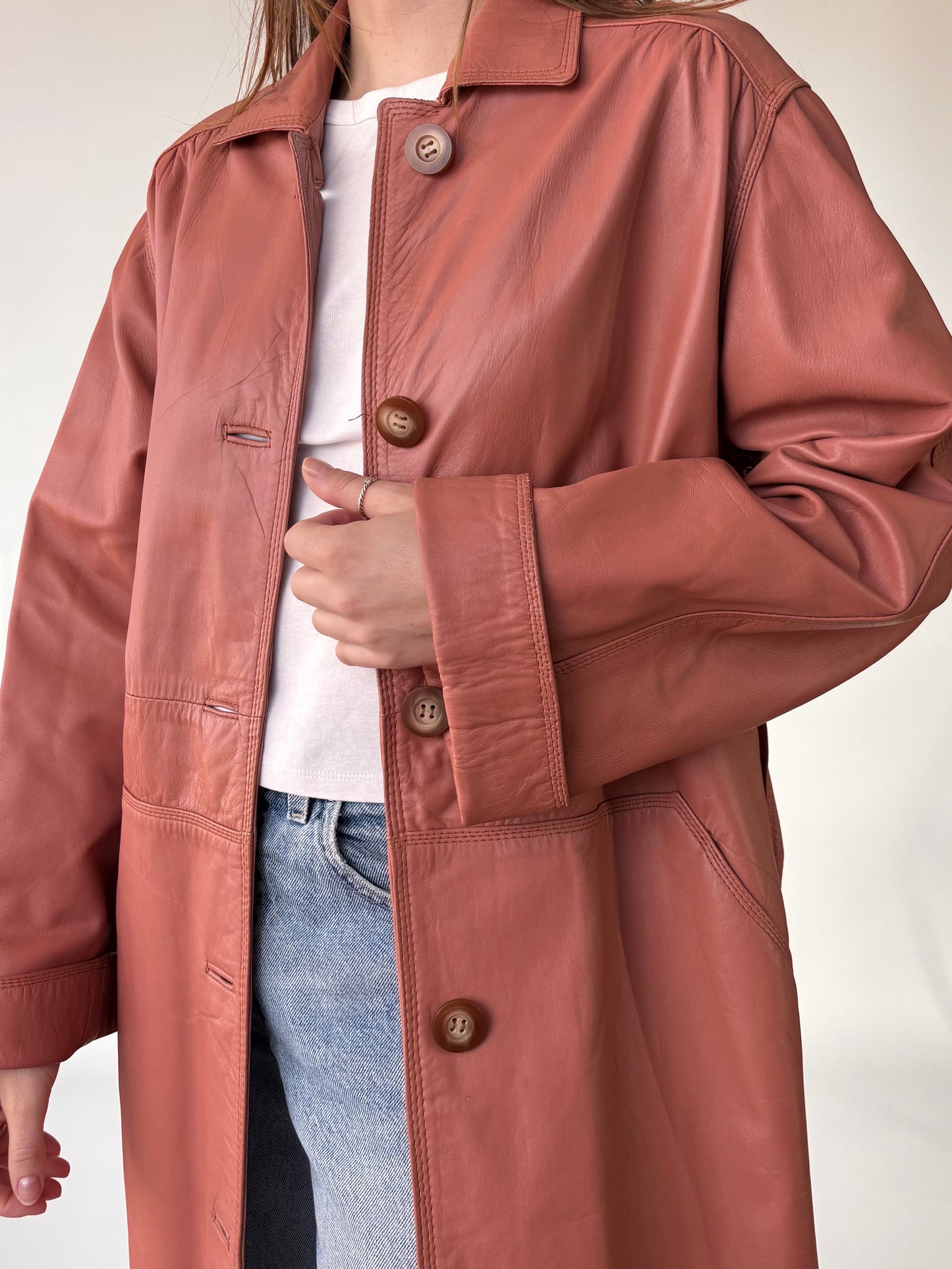 Salmon Genuine leather Trench Coat (8-14)