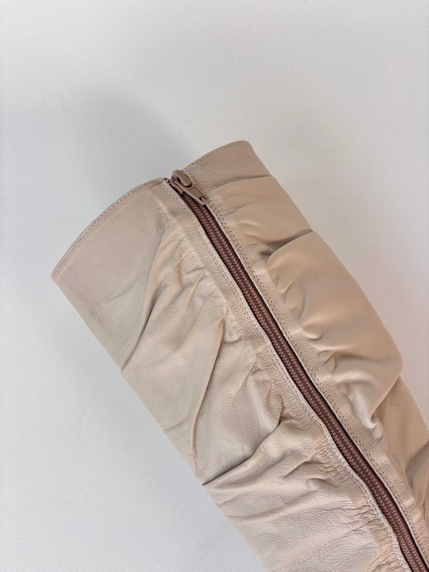 Ivory Leather Ruched Knee High Boots (8)