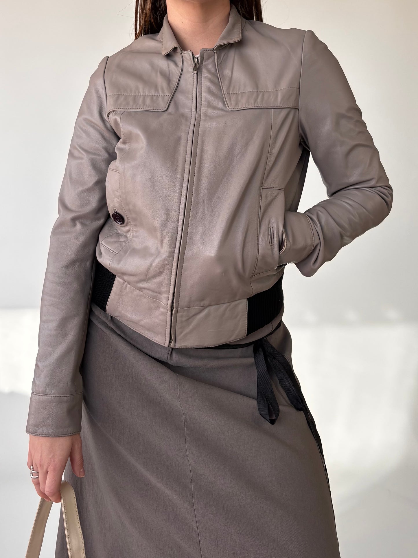 Reiss Cement Grey Leather Bomber Jacket (6-10)